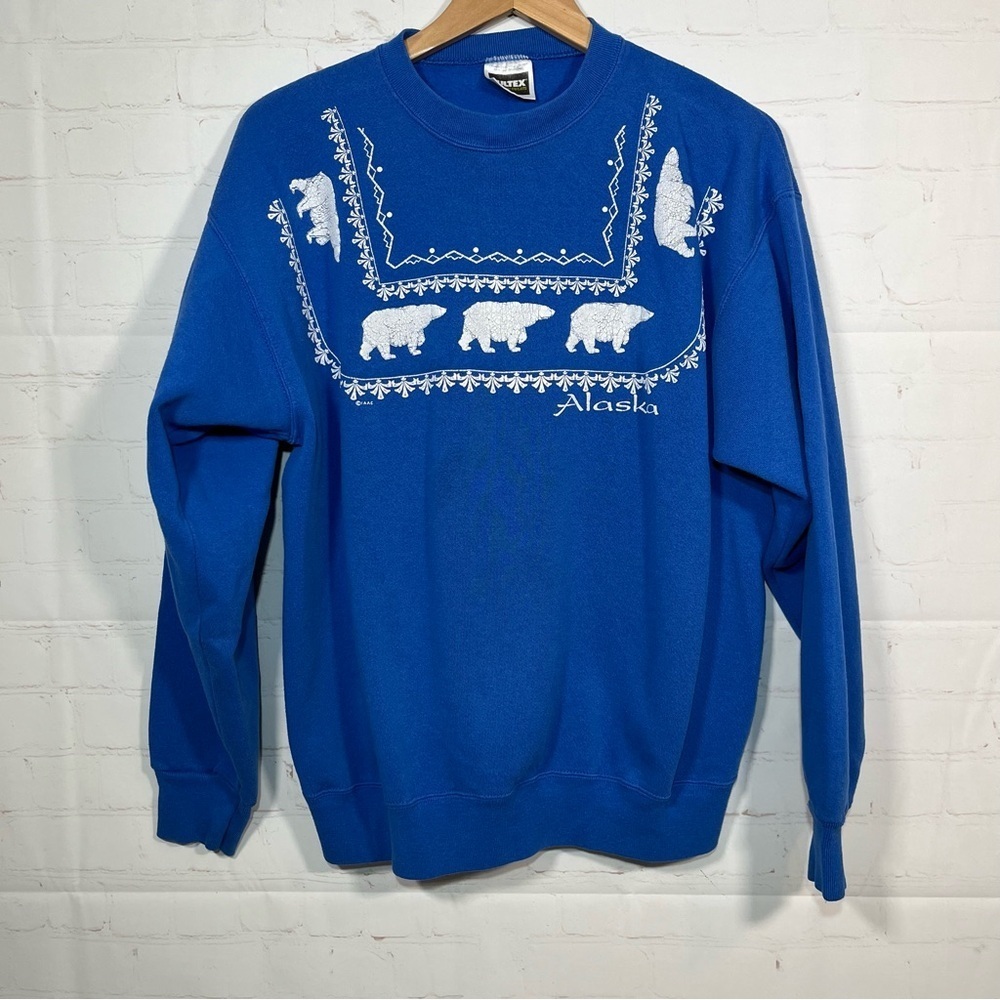 Vintage Tultex Alaska Bears Puff Print Sweatshirt Size Large Blue Crewneck 90s